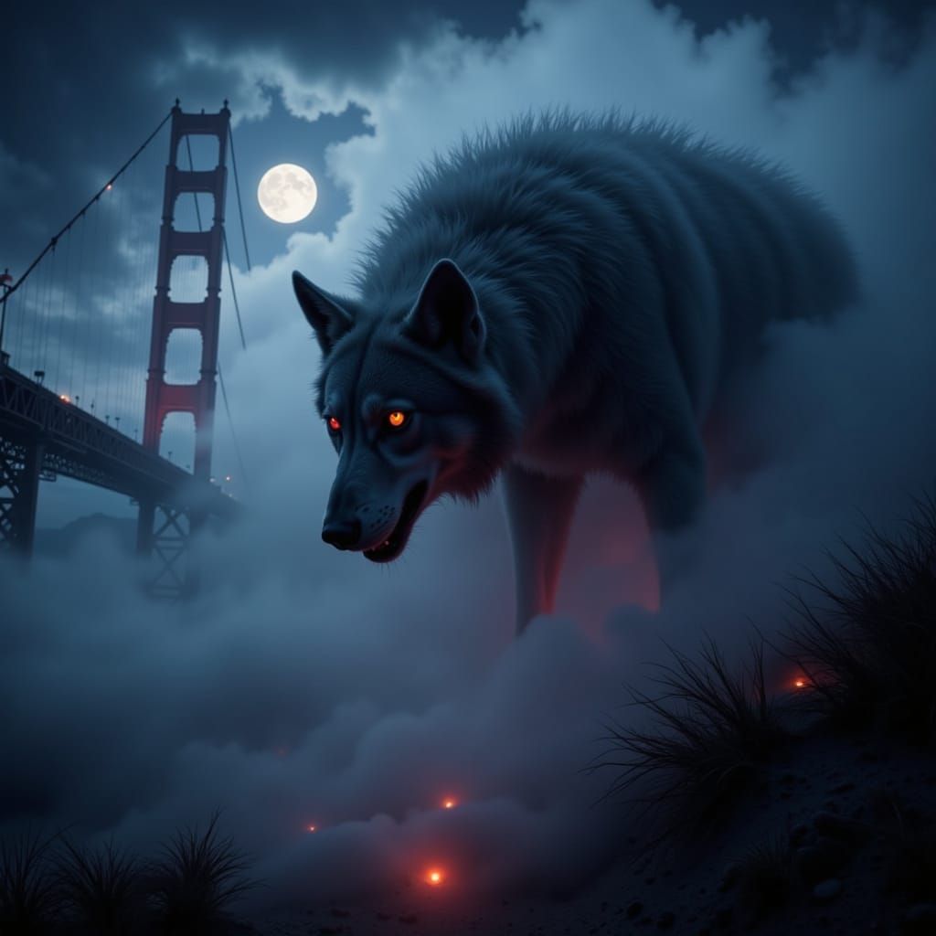 Fog Wolf Under Golden Gate Bridge, Comic Style