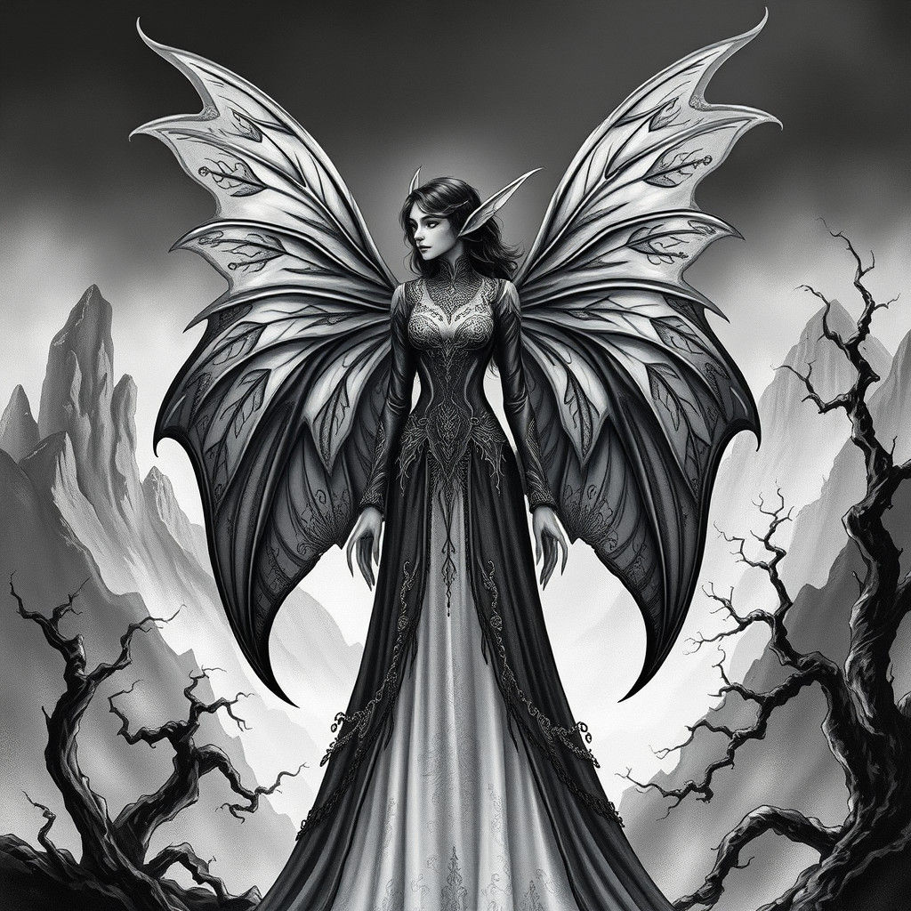 Monochrome Fairy Elf in Misty Mountain Landscape