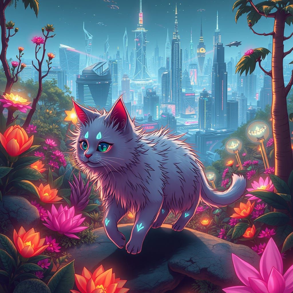 Cyberpunk Cat Strolls Through Futuristic Garden