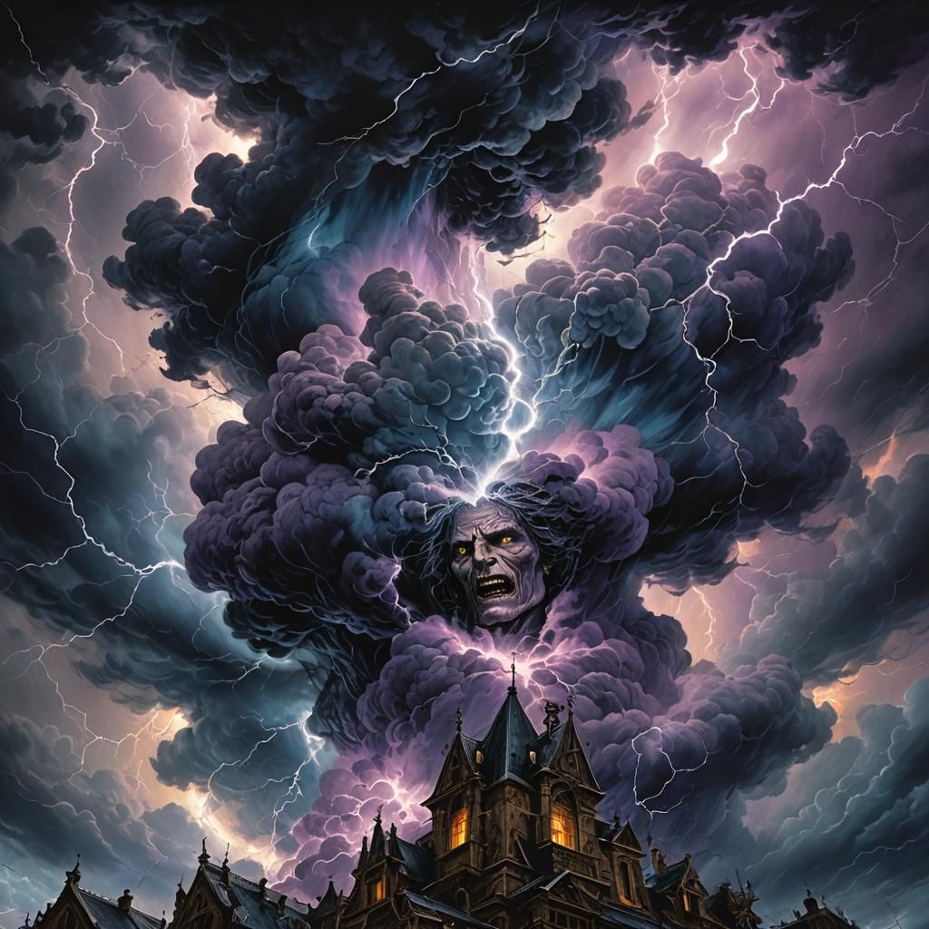 Dark Fantasy Storm: Twisted Faces in Electric Clouds