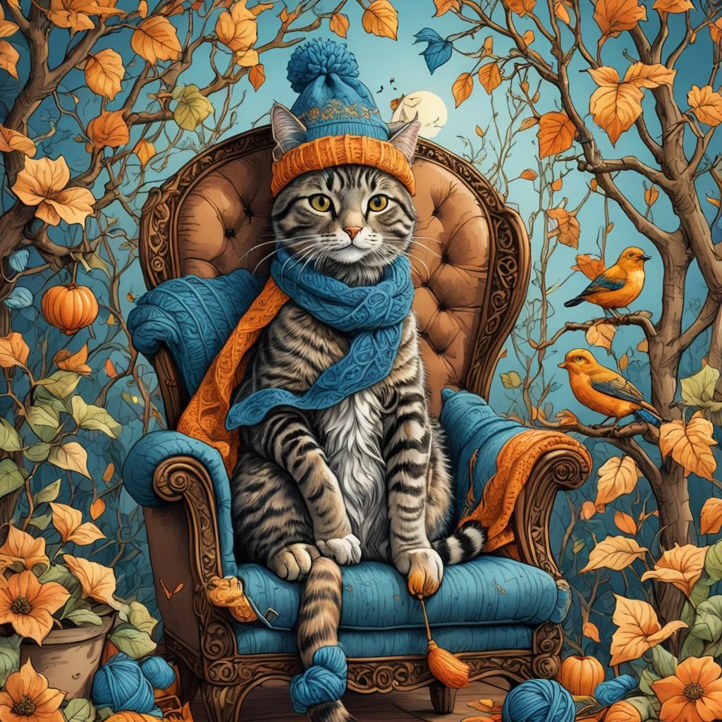 Cat Knits Hats for Birds: Whimsical Illustration