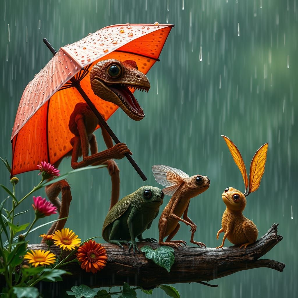 Fantastic Creatures Enjoy Summer Rain, Animated Baroque Styl...