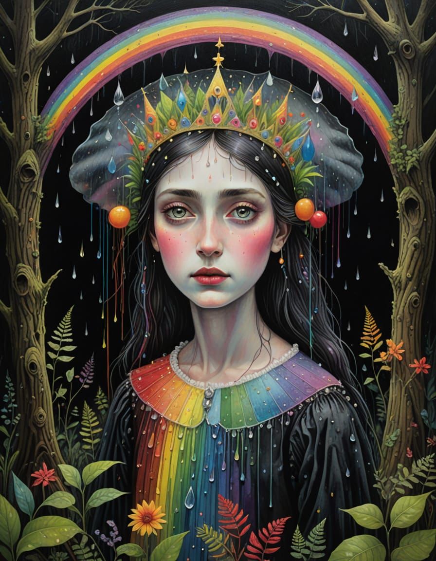 A Dark Princess Amidst a Vibrant Rainbow