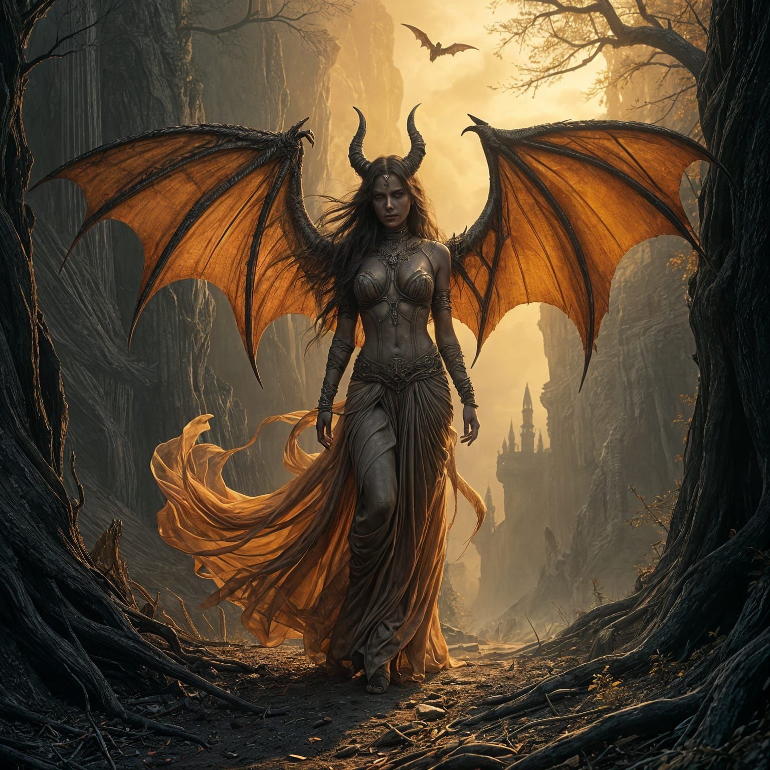 Ethereal Female Demon in Dark Fantasy Landscape
