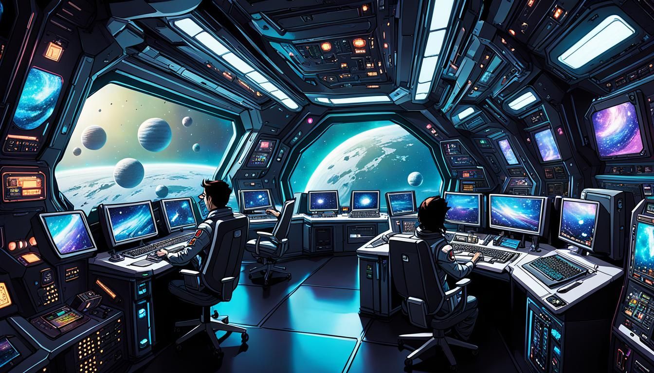 Anime-Style Space Colonists in High-Tech Spaceship