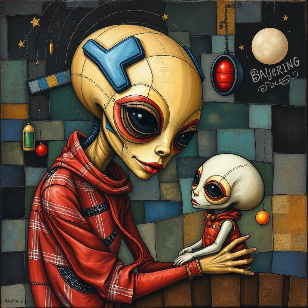 Cosmic Mother and Child in Vibrant Patchwork Style
