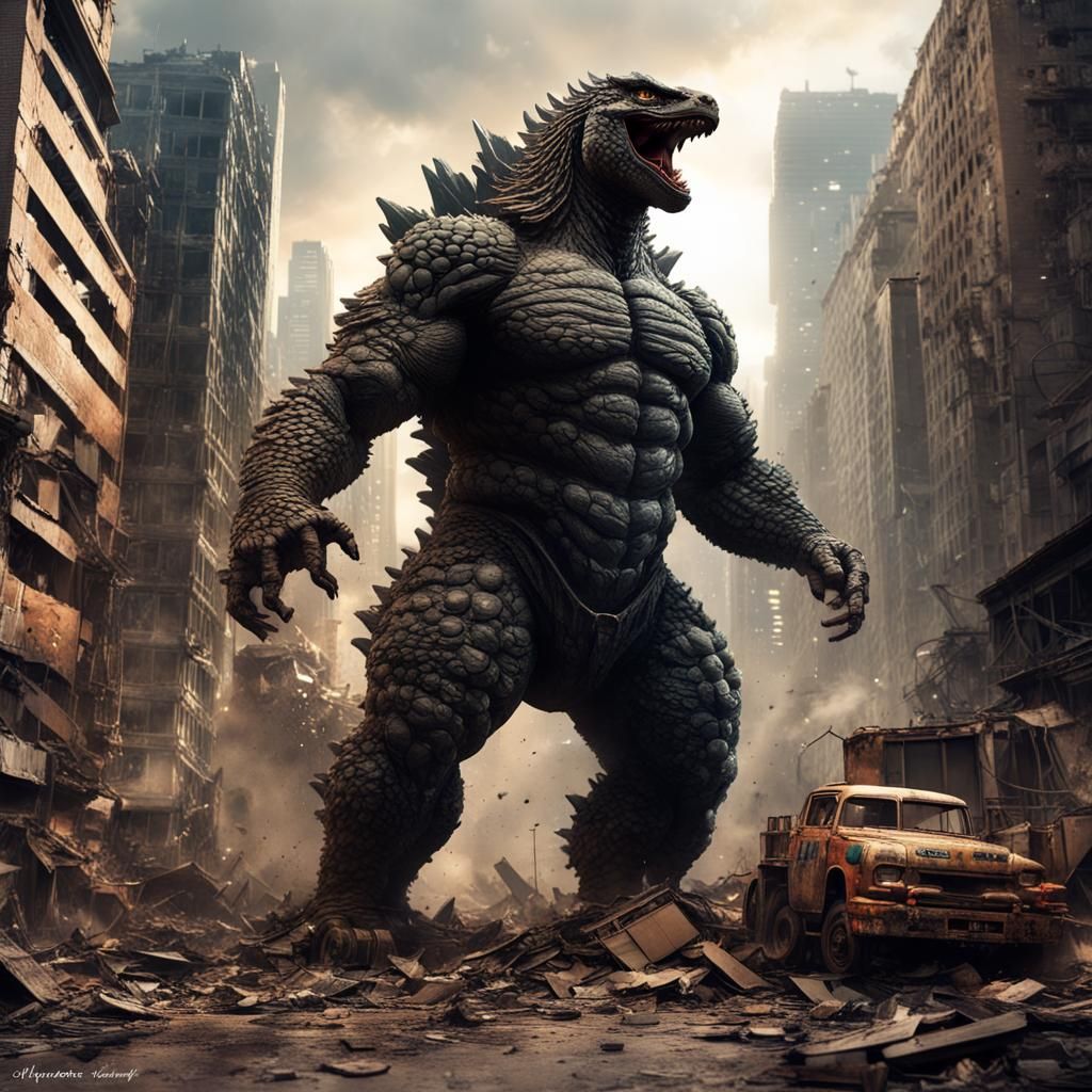 Extremely Buff Godzilla in Demolished City