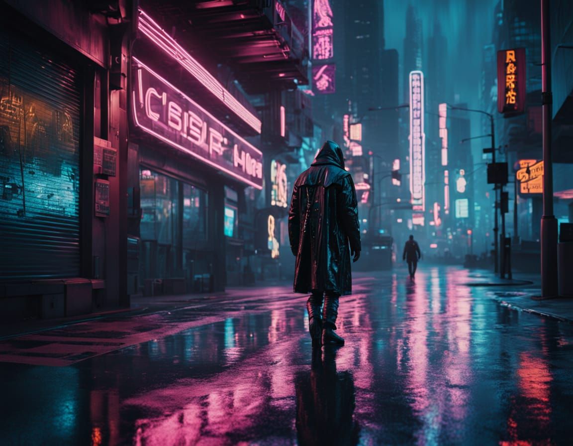 Retro-Futuristic Figure in Moody Cityscape