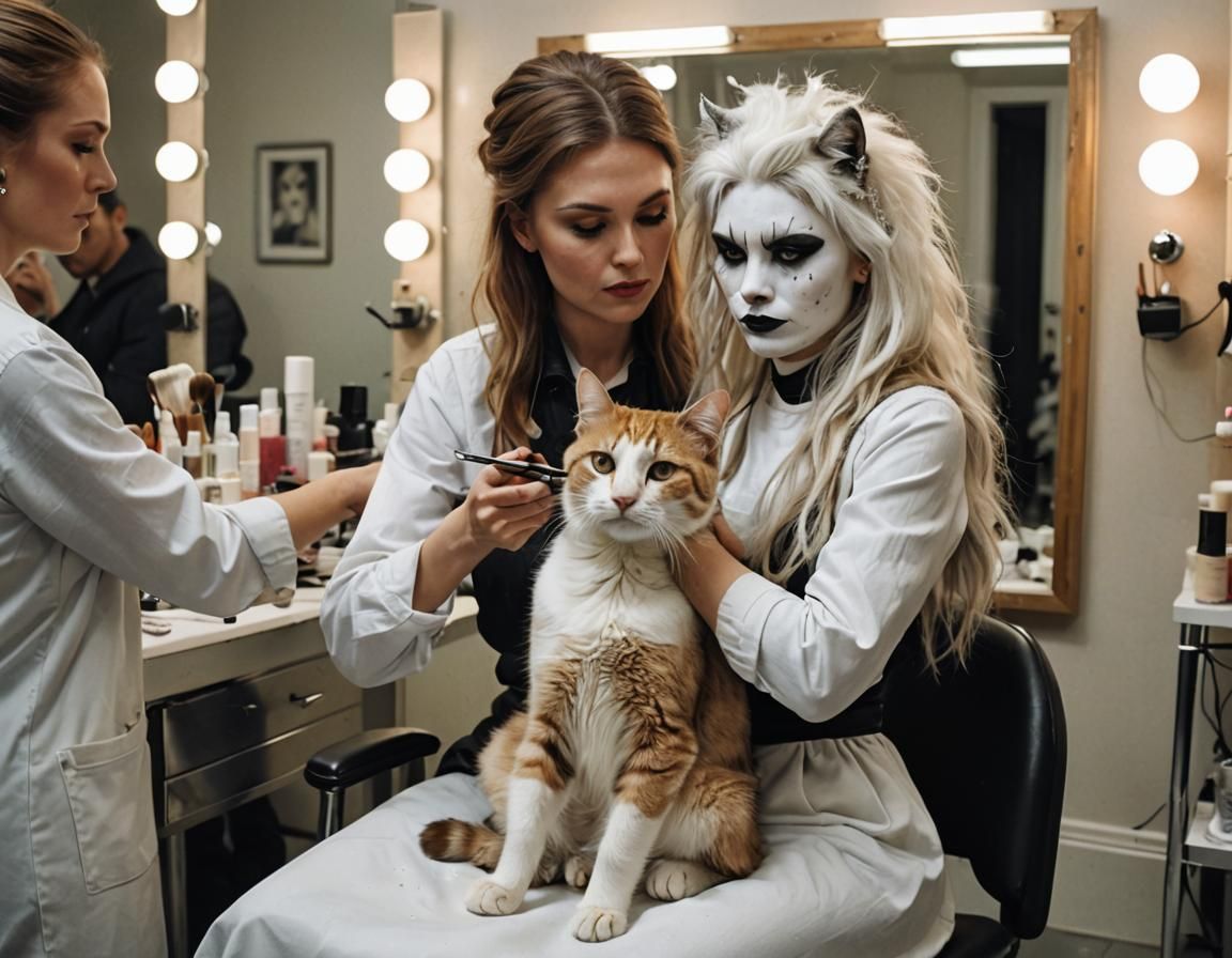 Anthropomorphic Cat Transformation in Makeup Room