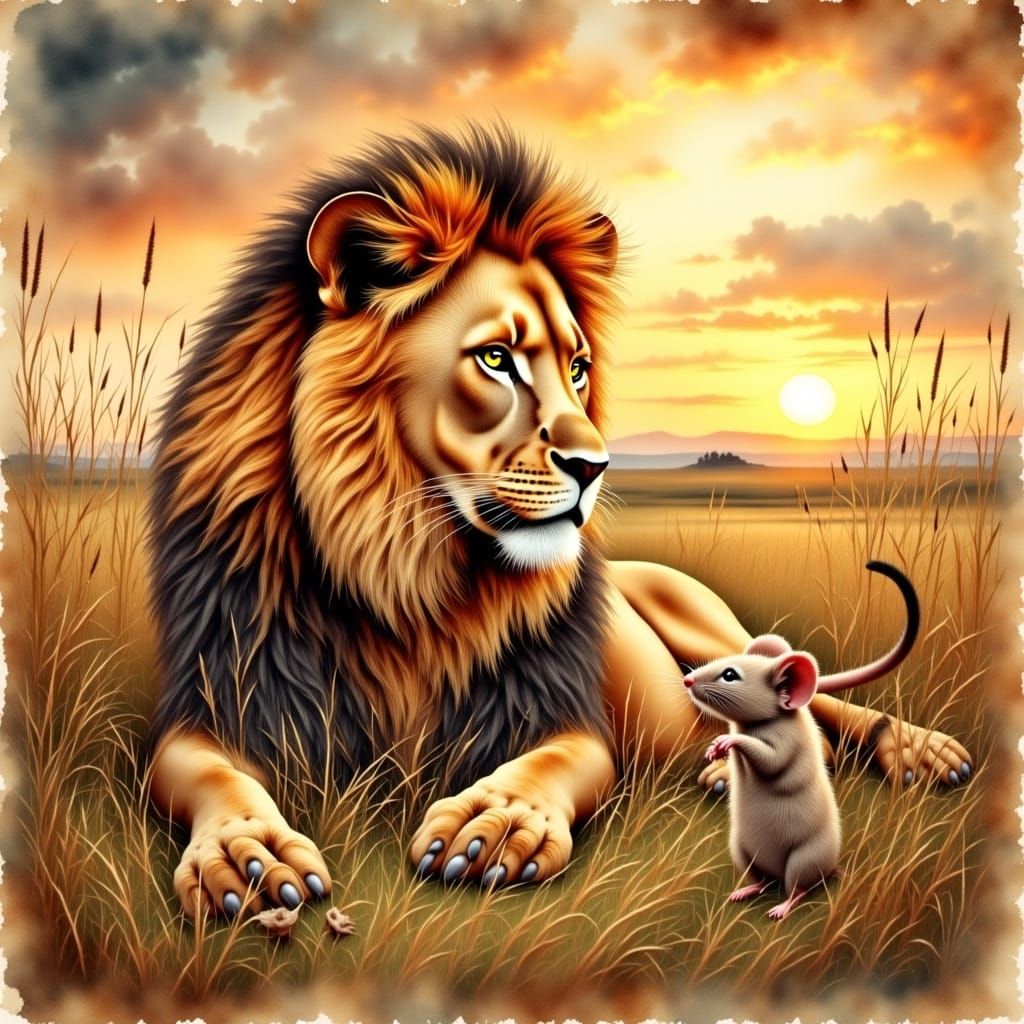 Lion and Mouse Savanna Watercolor Illustration