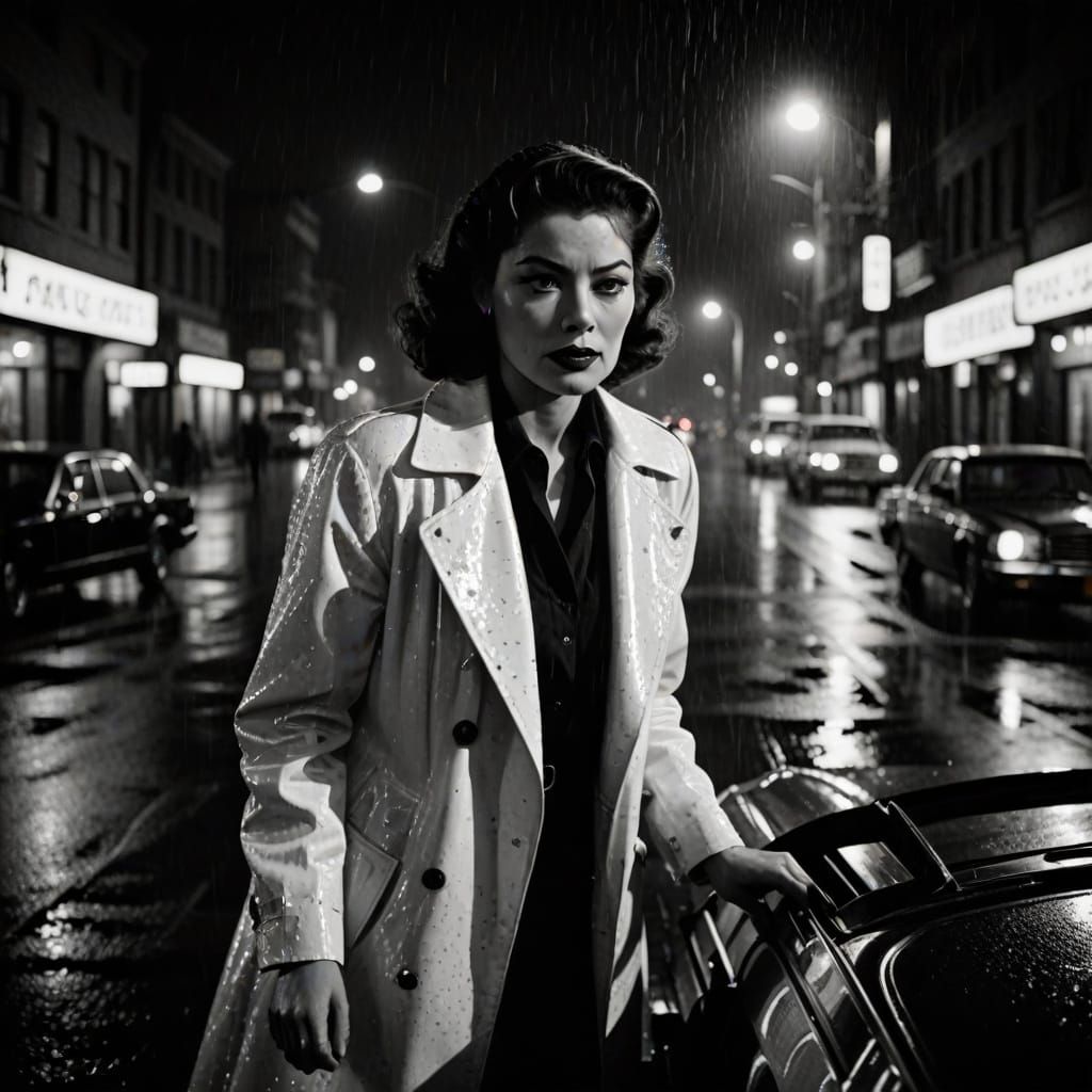 Through a rain-speckled window at night, a woman in an extra...