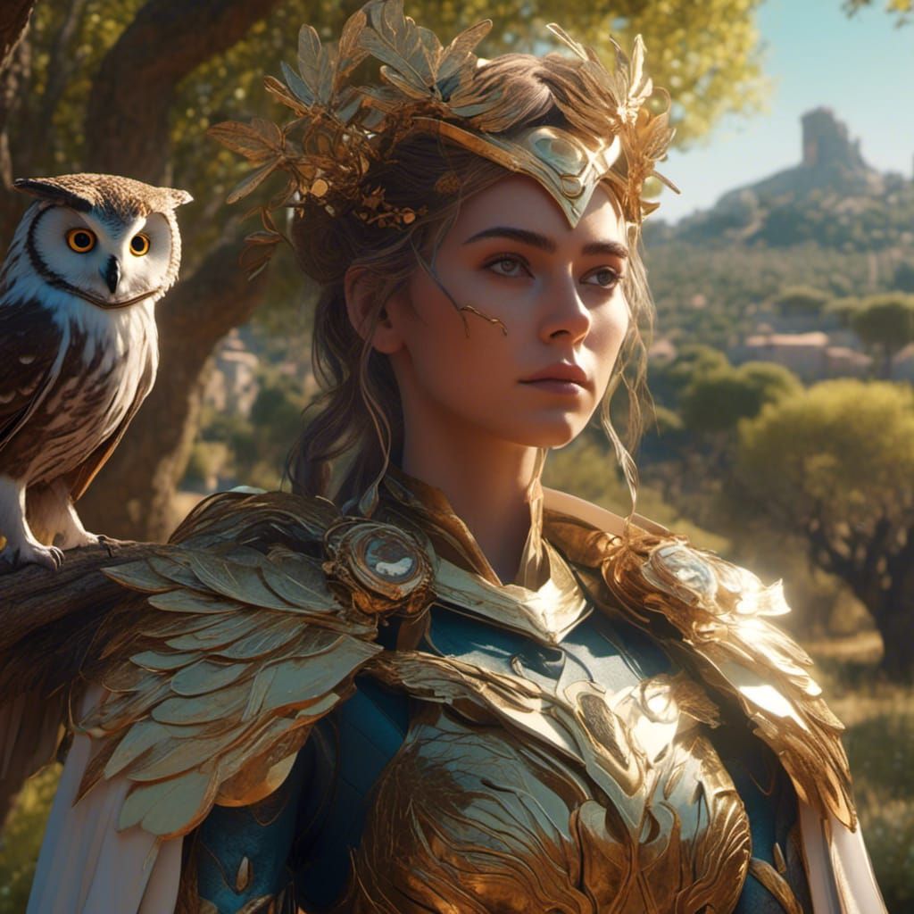Athena with Owl in Mystic Olive Grove