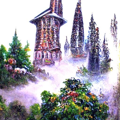 Ethereal Fantasy Village in Forest with Tall Towers