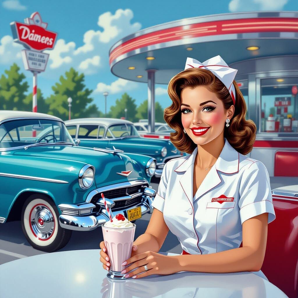 Classic 1950s Diner Scene in Airbrush Mural Style