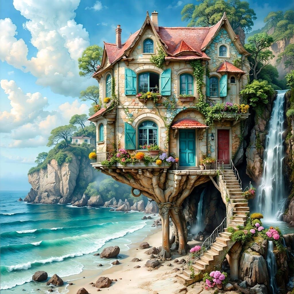 Whimsical Upside-Down House on Island, Surreal Oil Painting