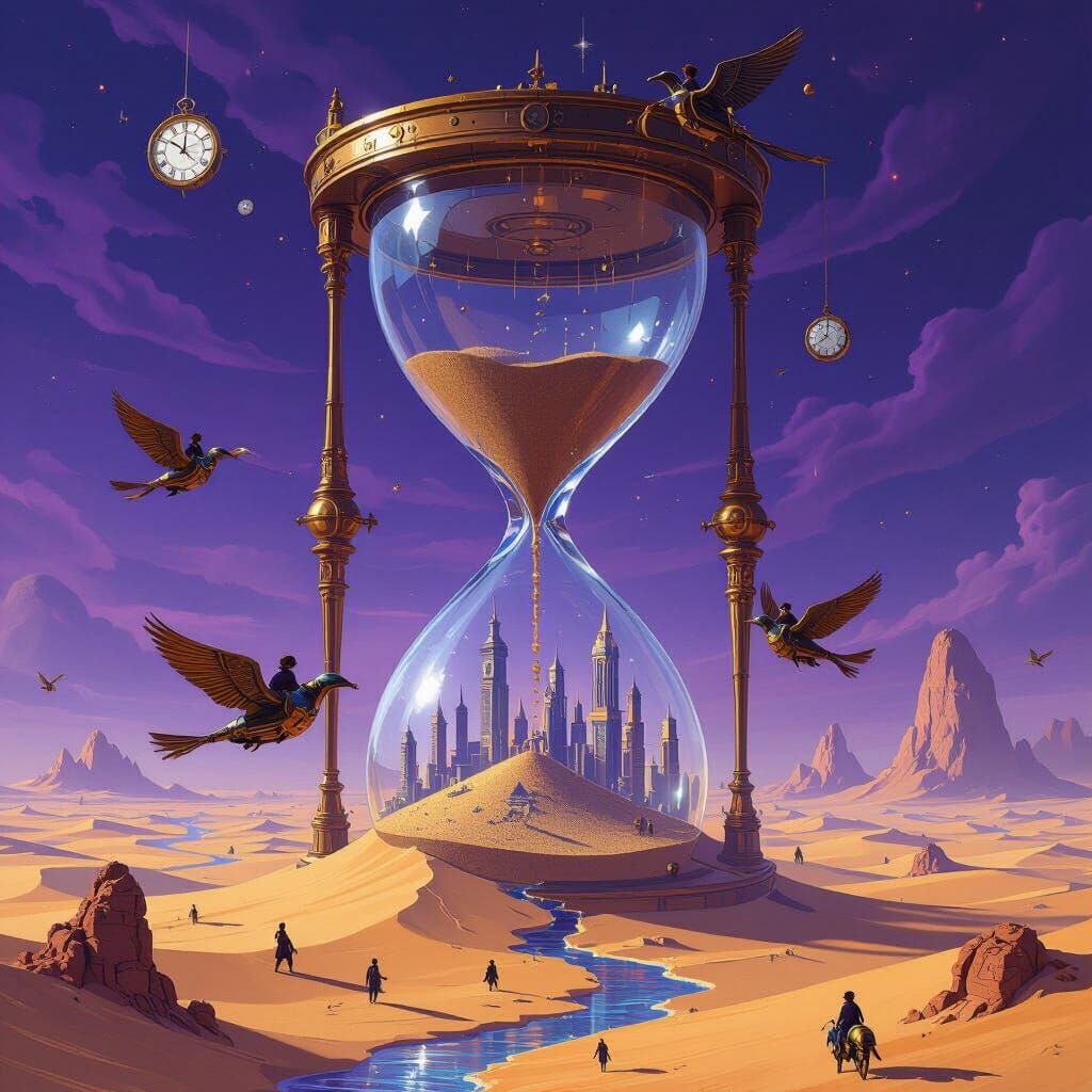 Steampunk Metropolis in Shattered Hourglass, Surreal Concept...