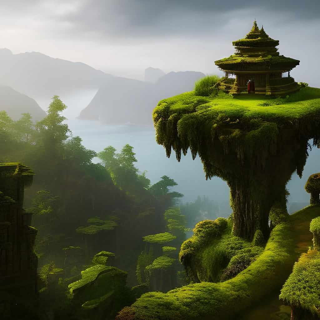 Fantasy Temple Landscape on Cliff in Digital Illustration