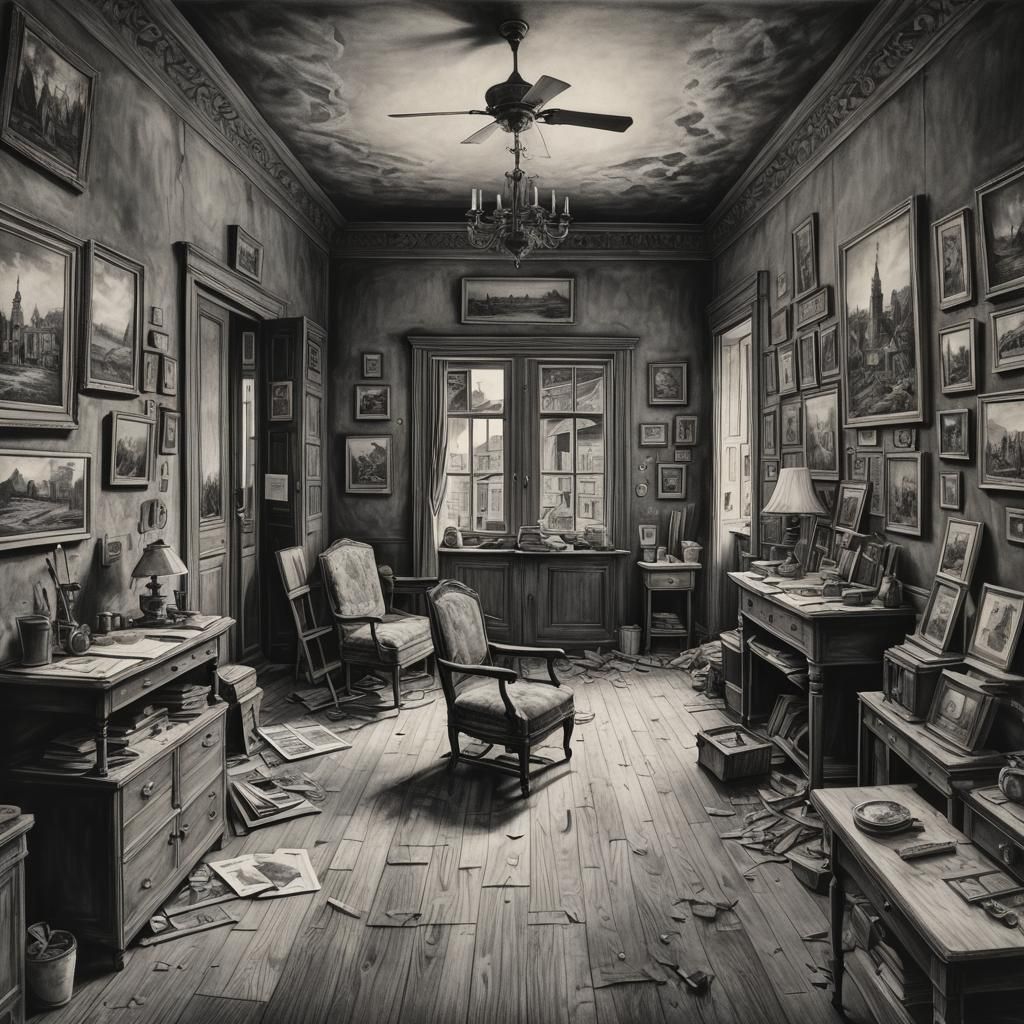 Hyperdetailed Charcoal Drawing of a Nostalgic Room