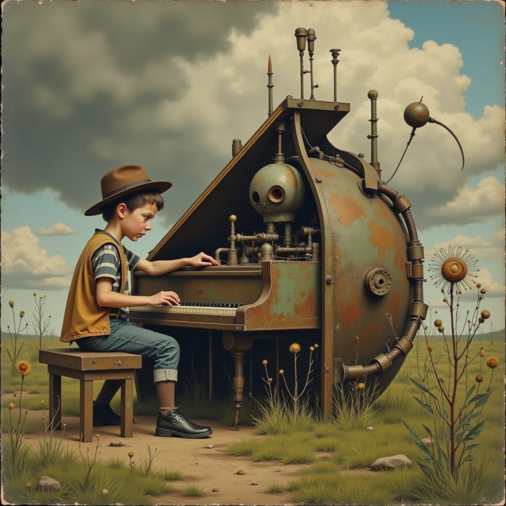Surreal Piano Players in a Whimsical Meadow