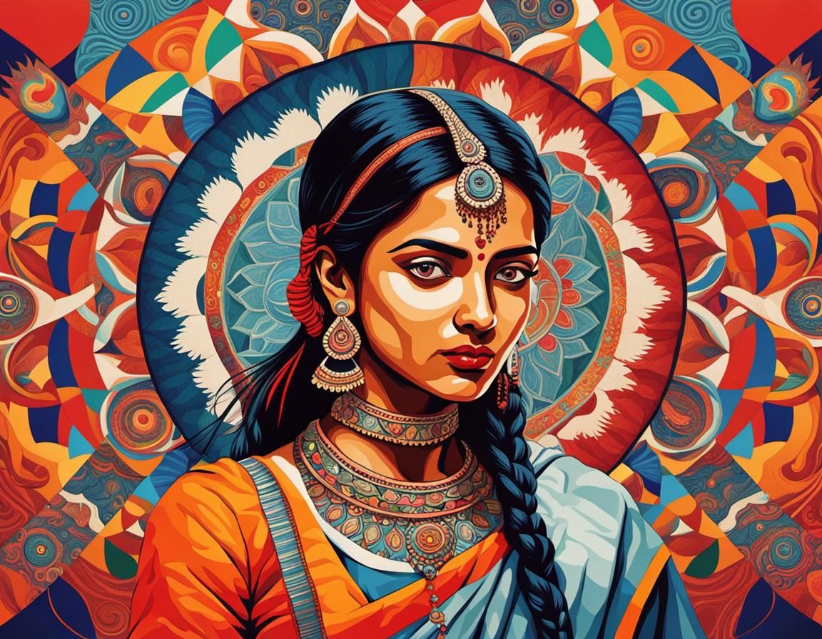 Indian Woman Portrait with Escher Mandala Background