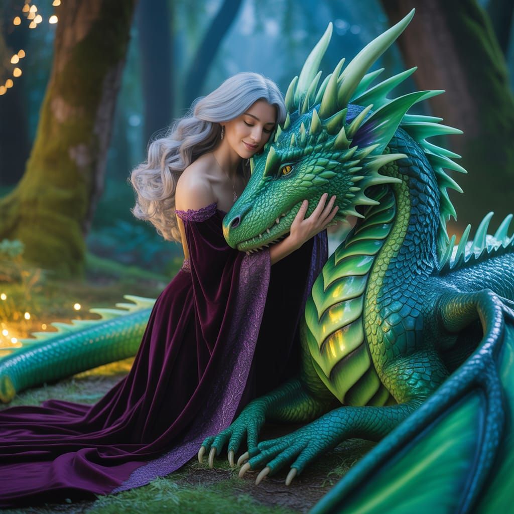 Serene Woman Embraces Emerald Dragon in Ancient Forest