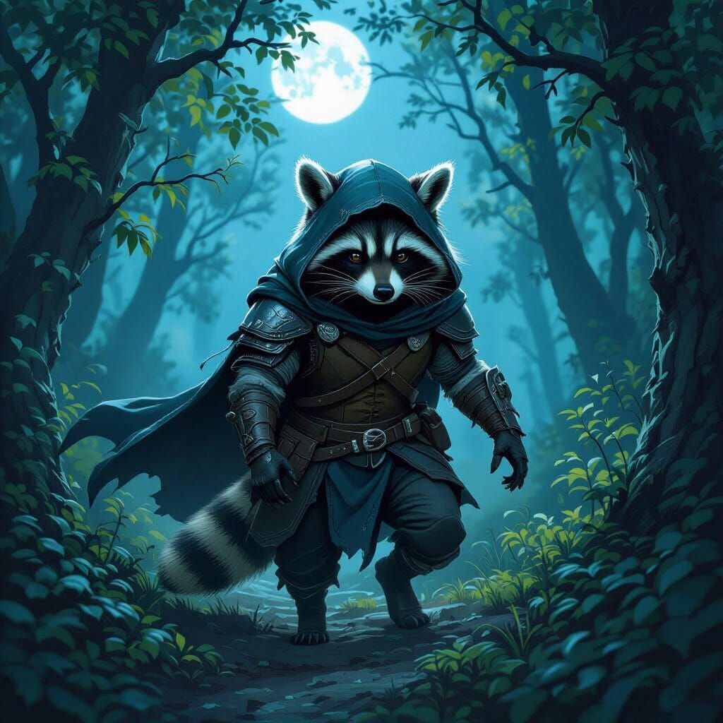 Raccoon Rogue in Moonlit Forest Concept Art