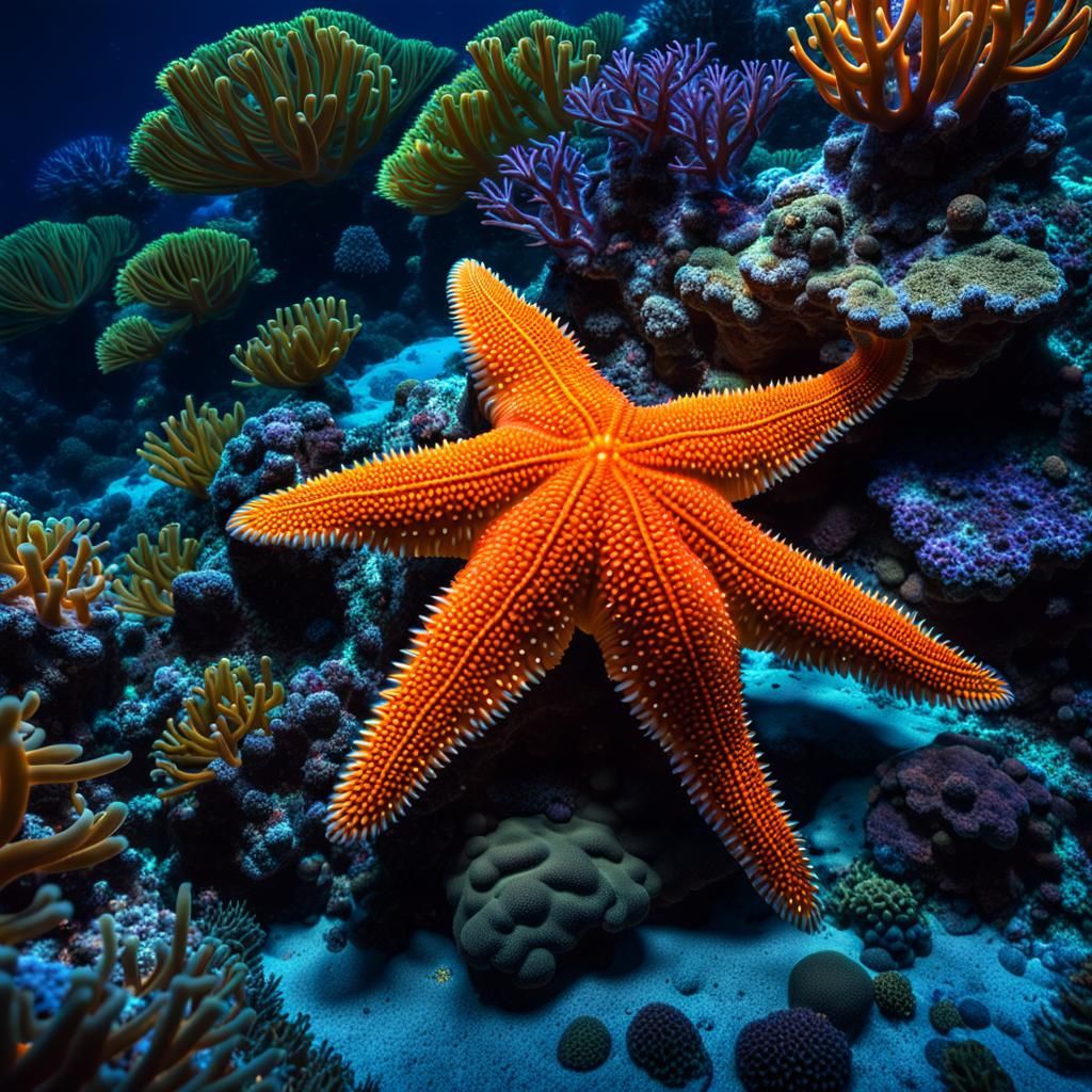 Bioluminescent Starfish on Fantasy Coral Reef