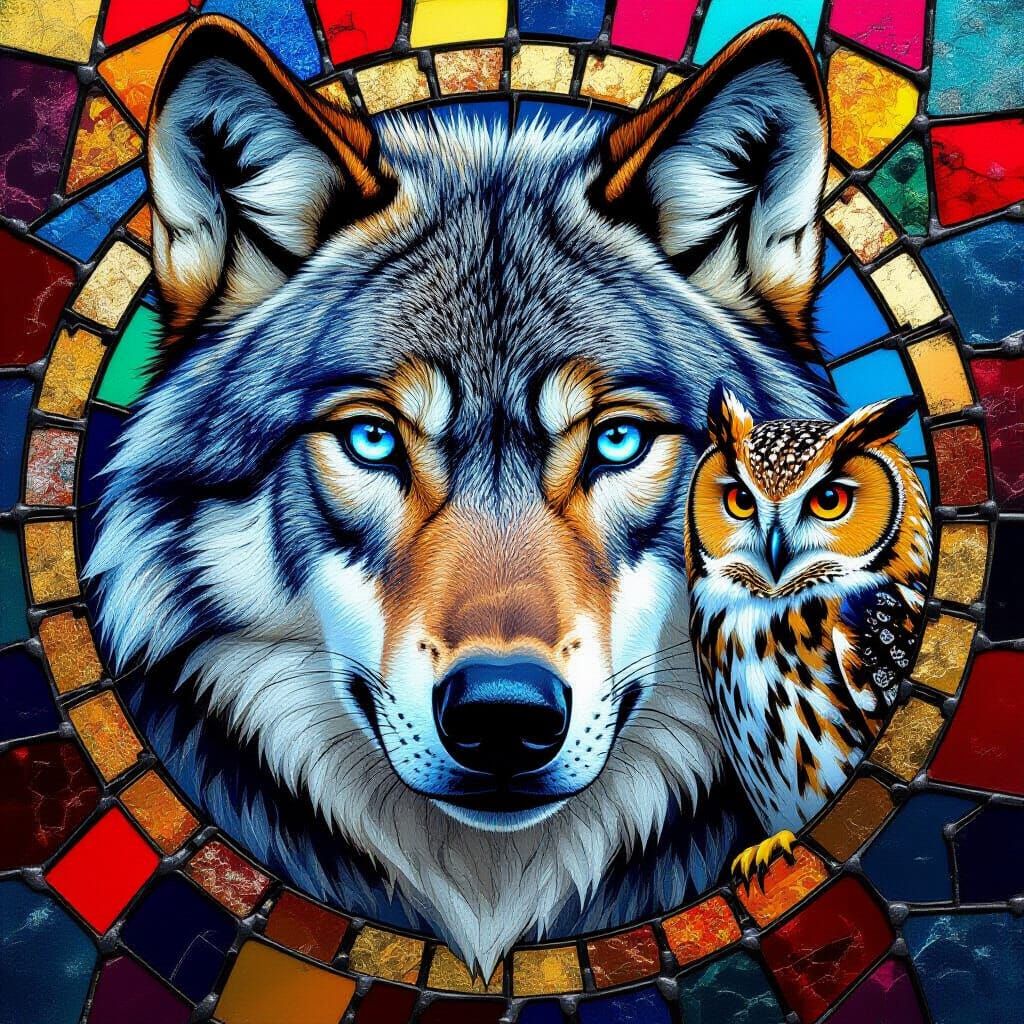 Wolf and Owl Mosaic with Stained Glass Details
