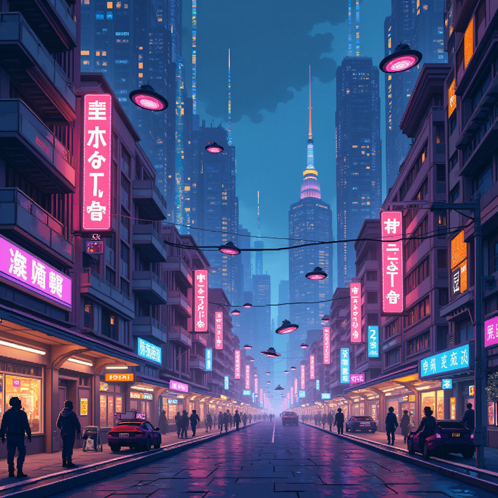 Retro-Futuristic Cityscape in Vibrant Pixel Art