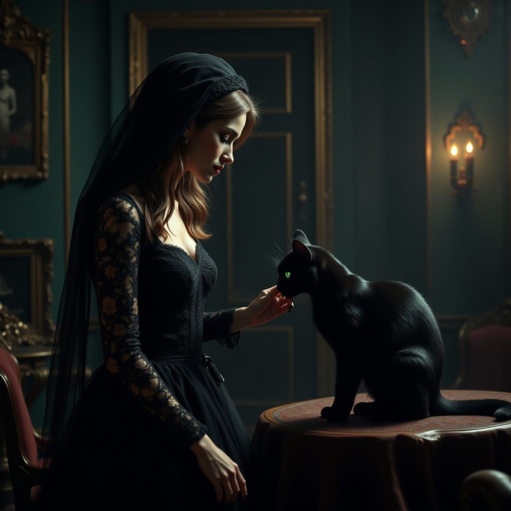 Mysterious Woman in Lace Petting Black Cat in Dim Light