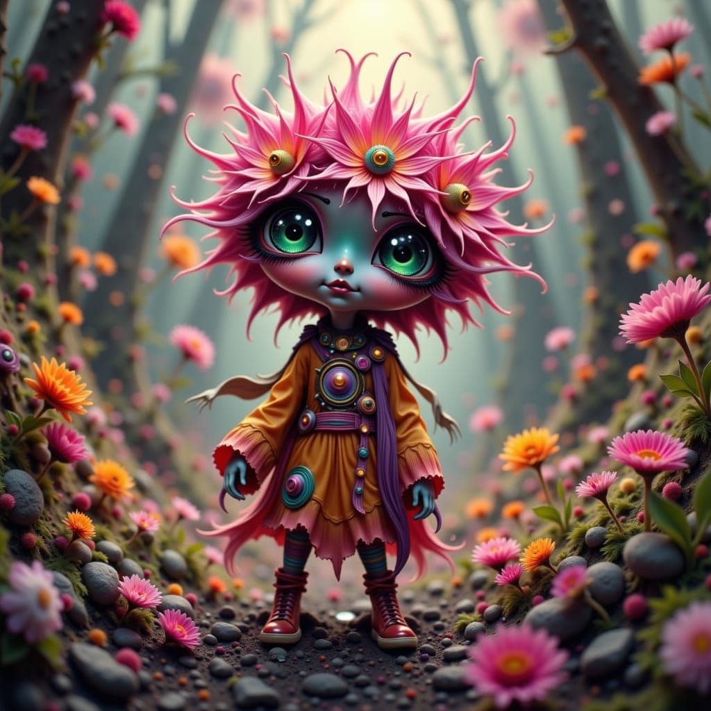Bohemian Cyberpunk Flower Creature in Ethereal Setting