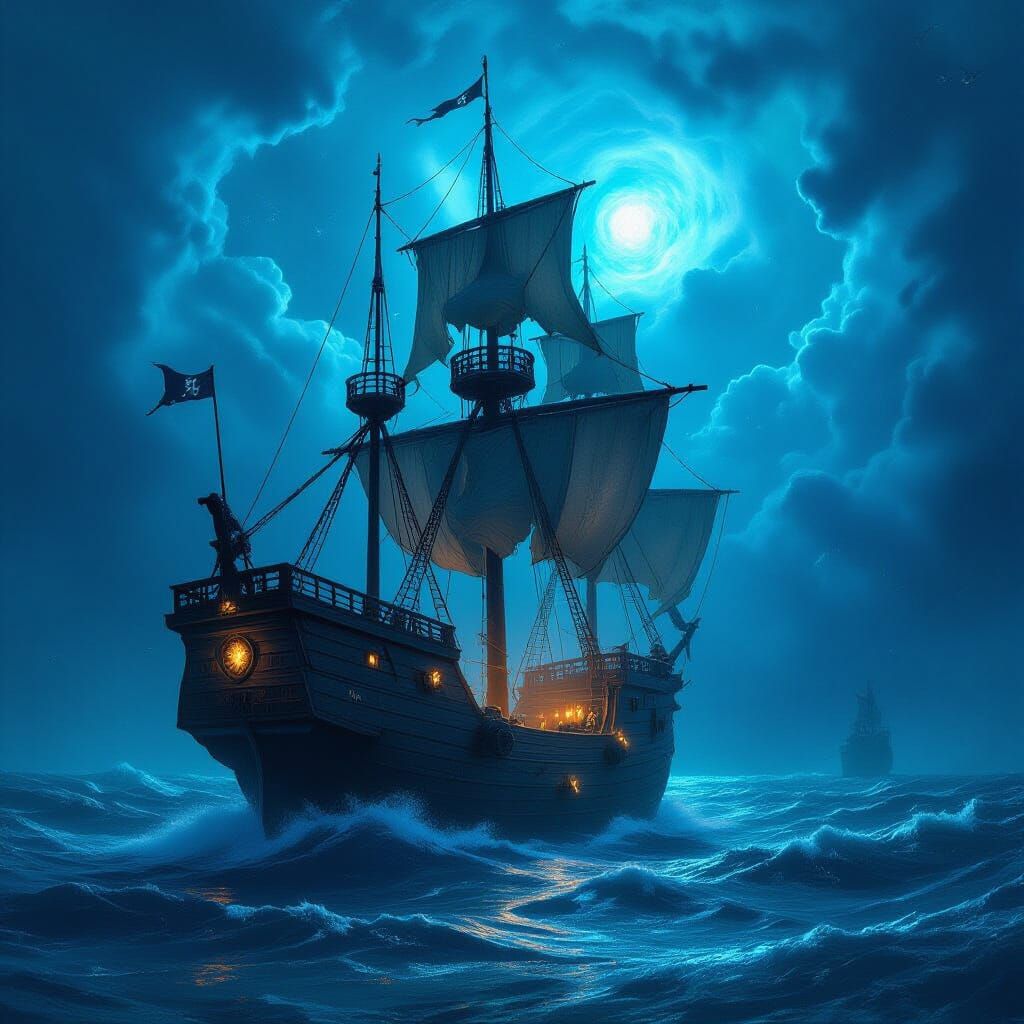 Pirate Ship Through Stormy Bioluminescent Ocean Under Nebula...