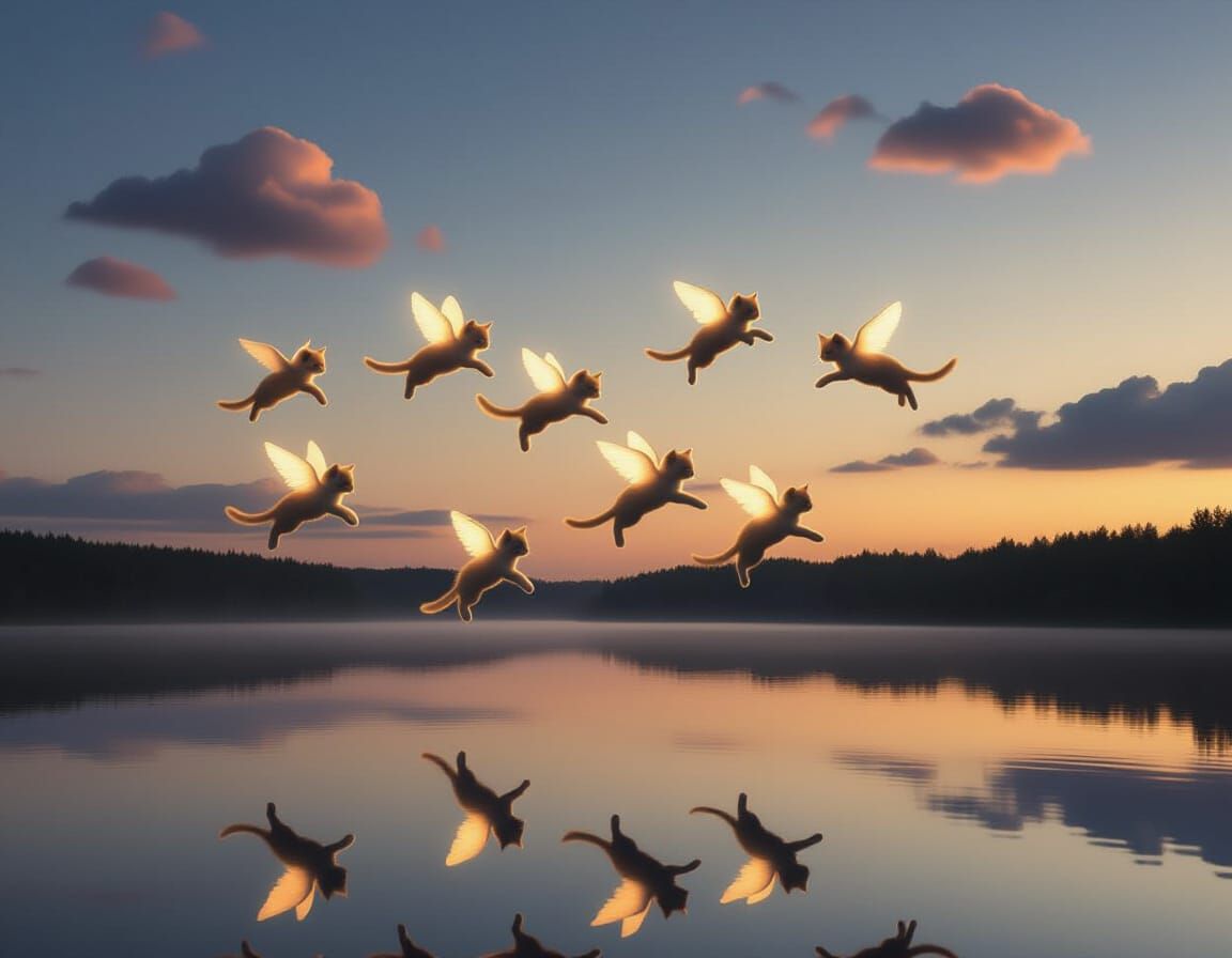 Flying Kittens Glide Through Twilight Sky