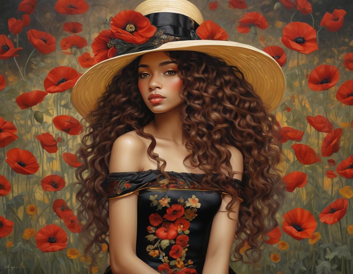 Beautiful Woman with Flowers in Art Nouveau Style