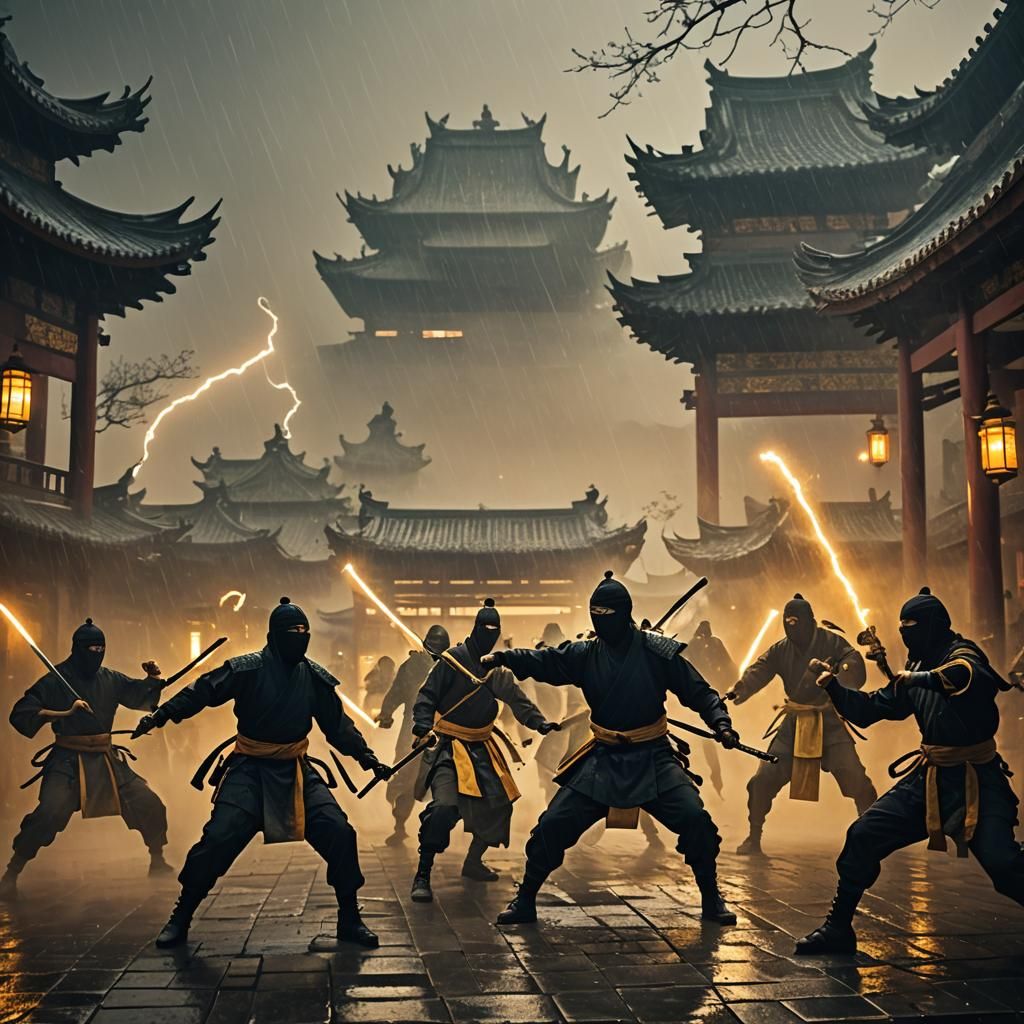 Intense Ninja Battle at Shaolin Temple in Cinematic Style