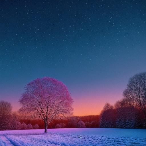 Colorful Winter Folk Landscape Under Midnight Sky