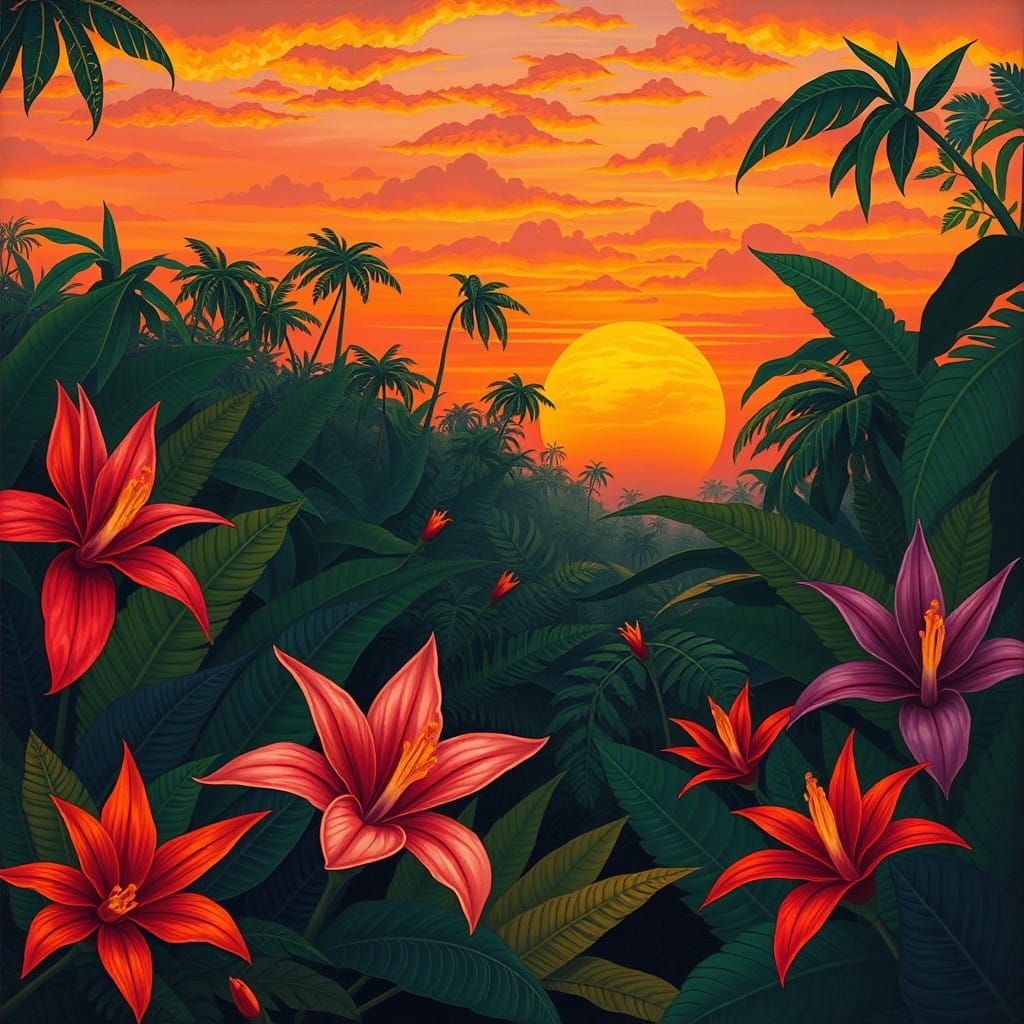 Vibrant Rainforest Scene in Sunset Colors
