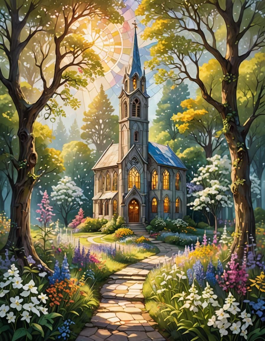 Sunlit Church with Larkspur in Ethereal Fantasy Style