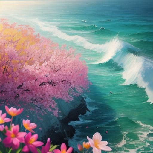 Hyperrealistic Spring Landscape with Flowers and Ocean