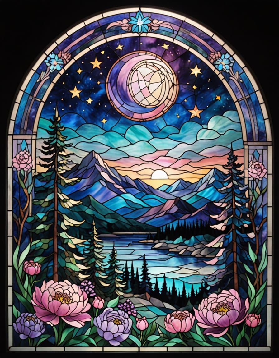 Fantasy Stained Glass Night Sky with Moon and Stars
