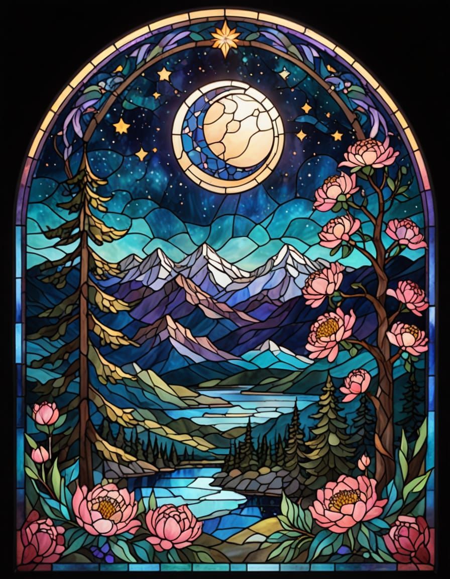 Magical Night Sky Stained Glass Window in Jewel Tones