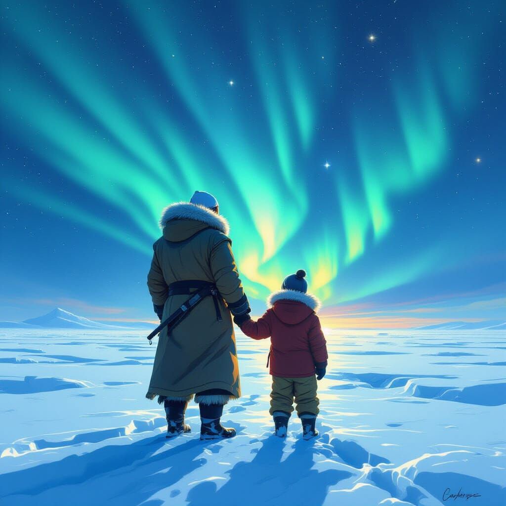 Roald Amundsen and Jindra at North Pole Aurora