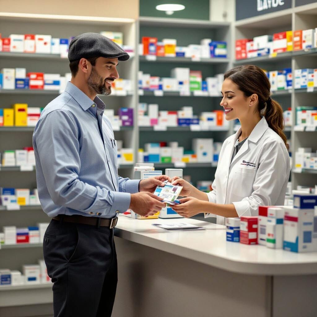 Man at Pharmacy Counter in Rockwell-Inspired Style