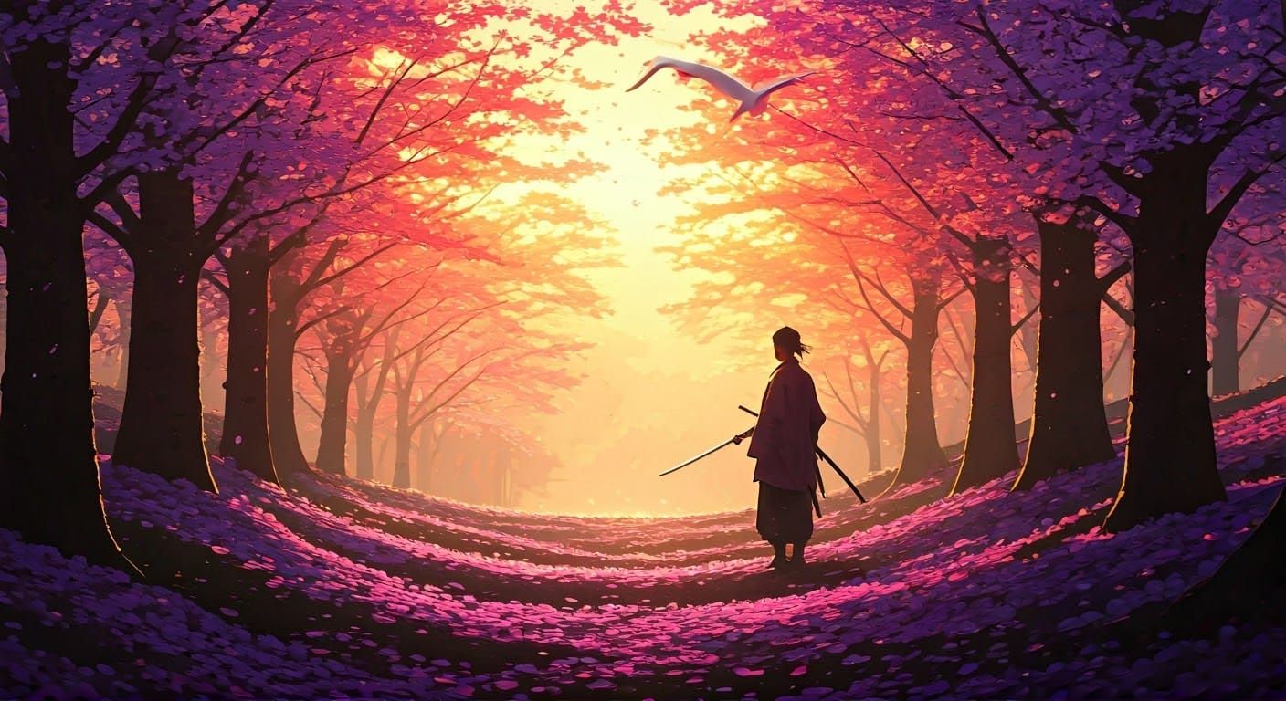 Samurai in Cherry Blossom Forest with Swan: Watercolor Style