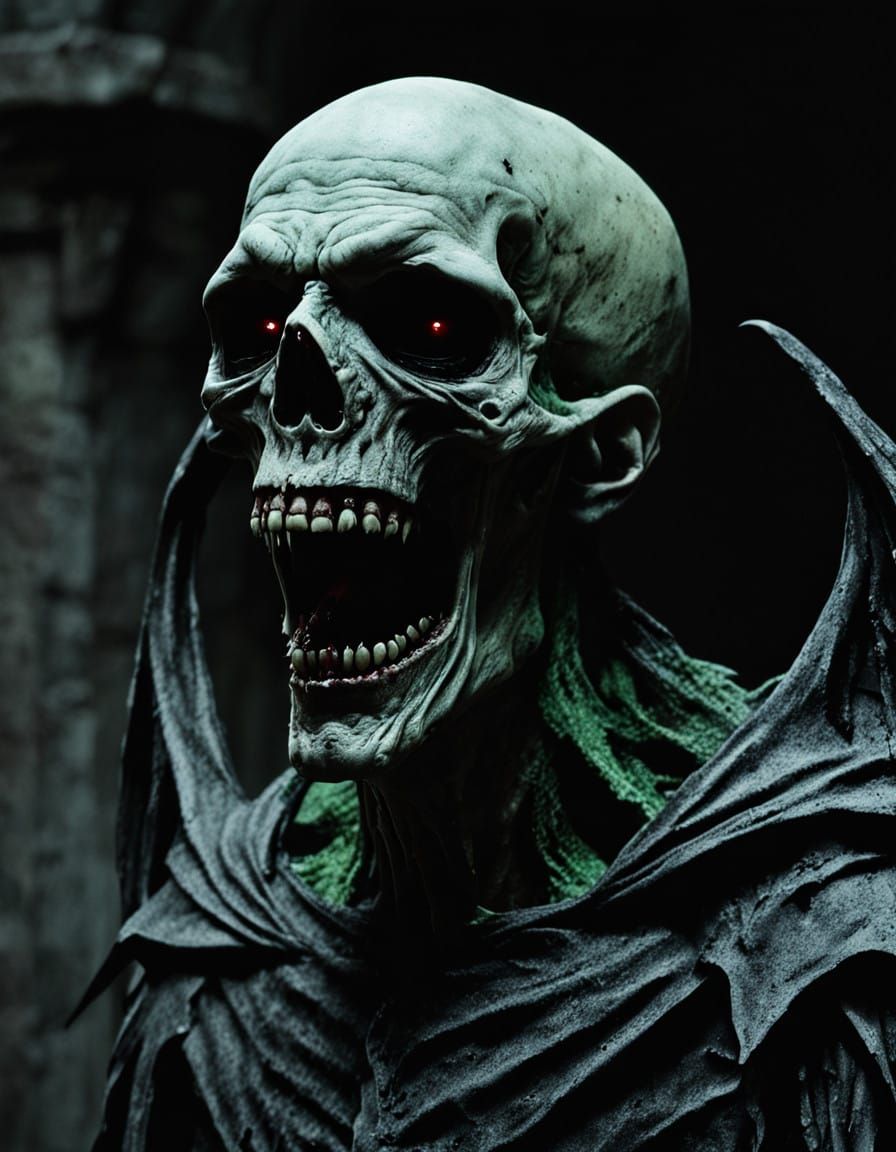 Ethereal Ghoul Unfurls Wings in Dark Gothic Crypt