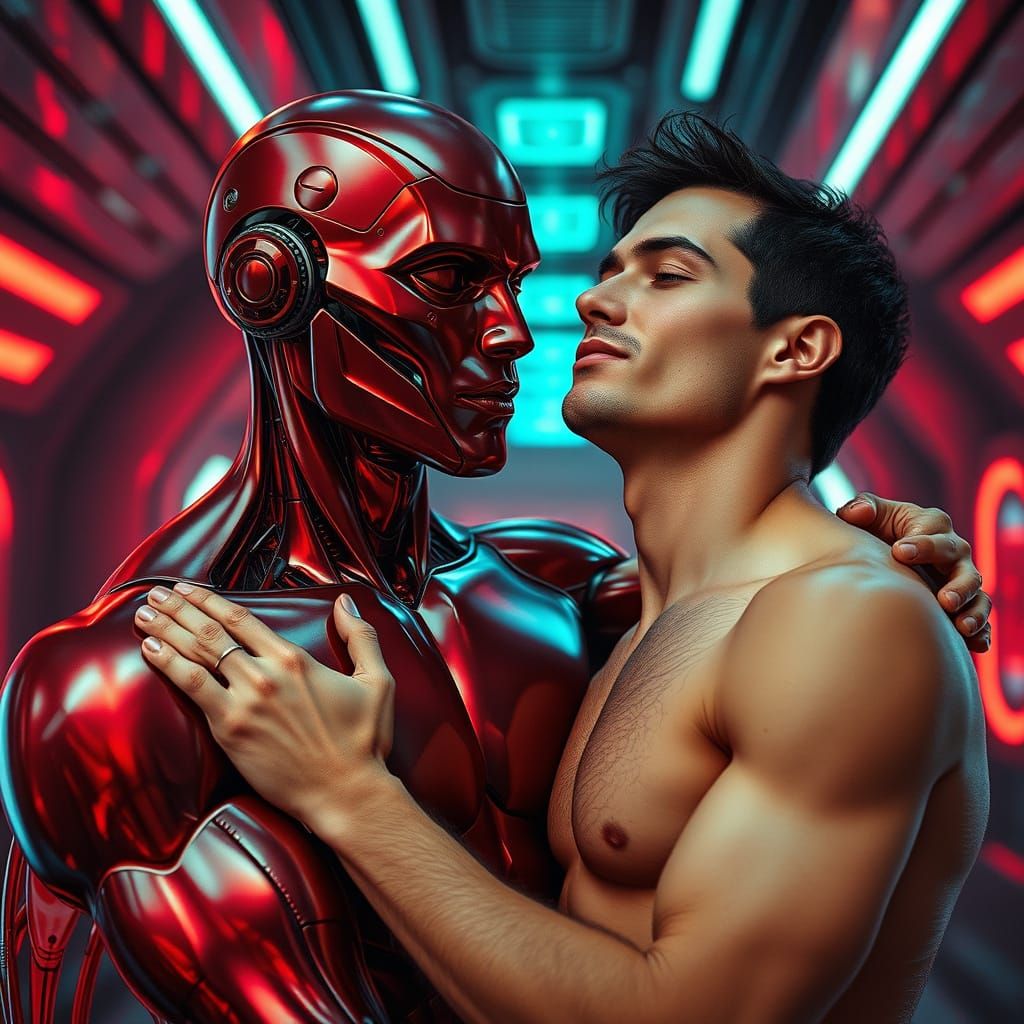 Android and Man Embrace in Futuristic Cyberpunk Setting