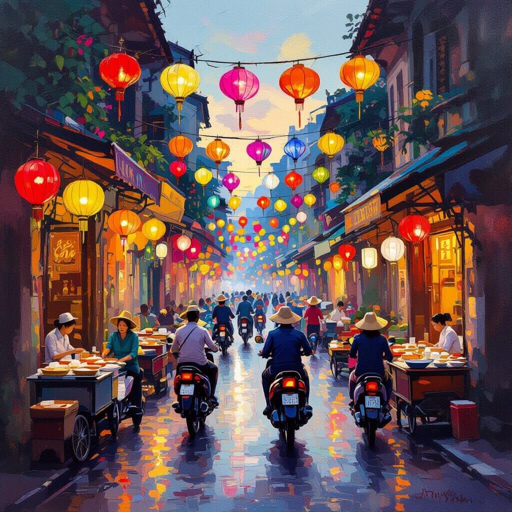 Hanoi Golden Hour Street Scene in Impressionistic Style