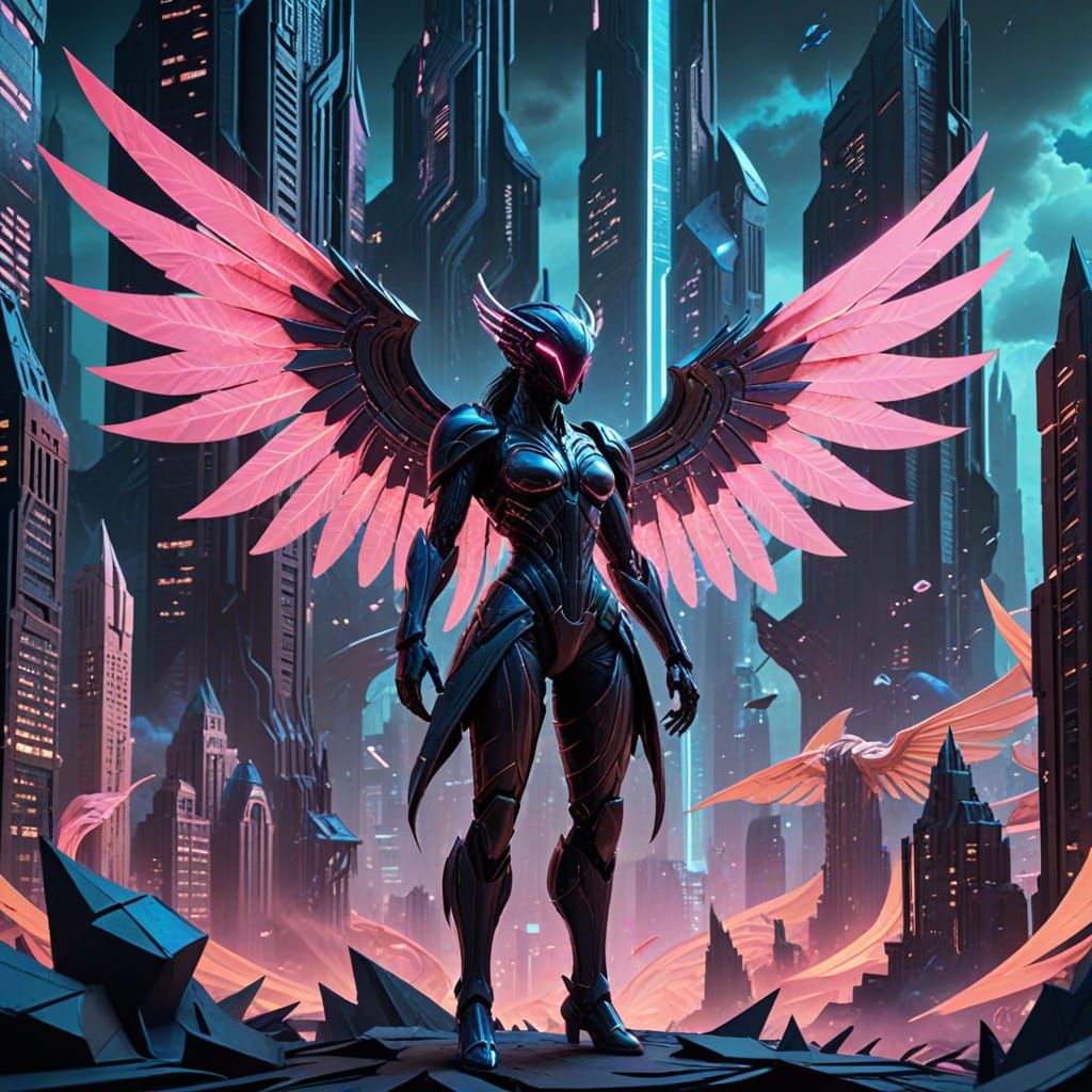 Cyberpunk Elementalist Soars Amidst Neon Skyscrapers in Pape...