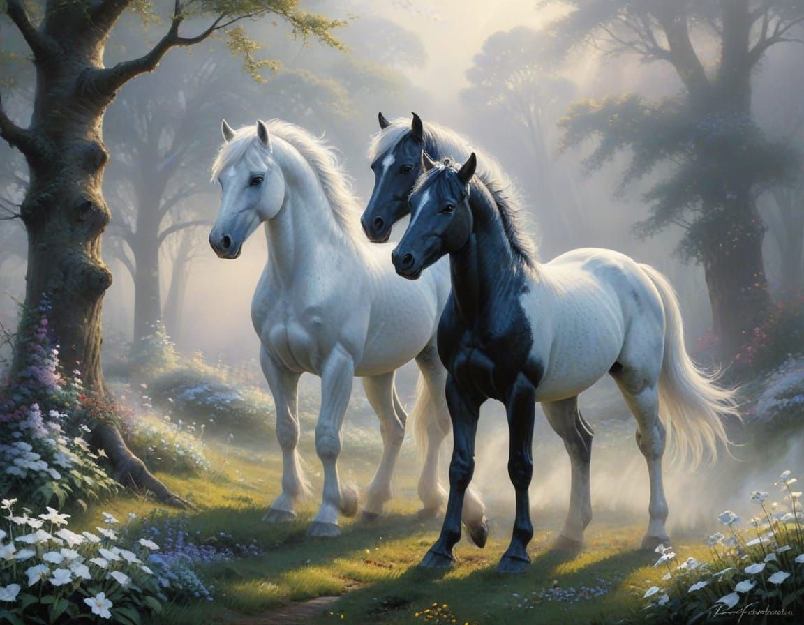 Ethereal White Mare and Black Colt in Misty Fantasy Landscap...