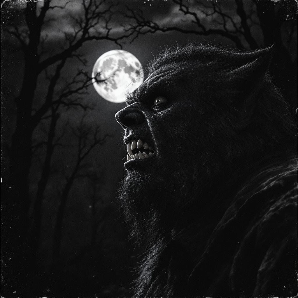 Wolfman Howls in Haunted Forest: Black and White Portrait